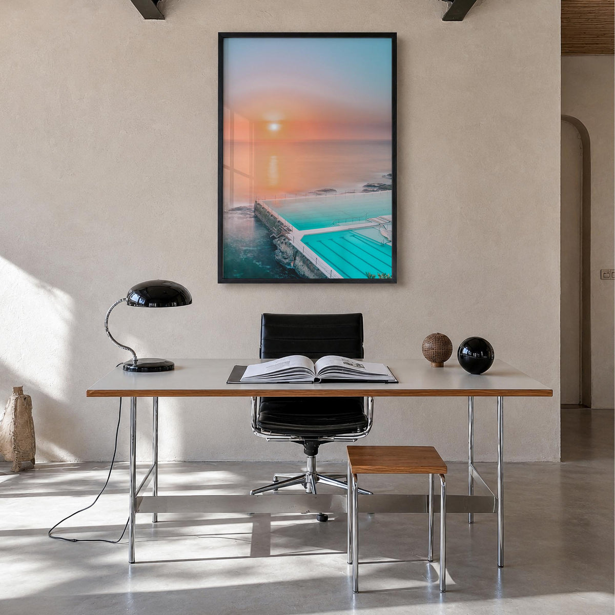 Bondi Beach no. 2 colorful photo poster of Sydney, New South Wales – vertical wall art in black wood frame, hanging on wall