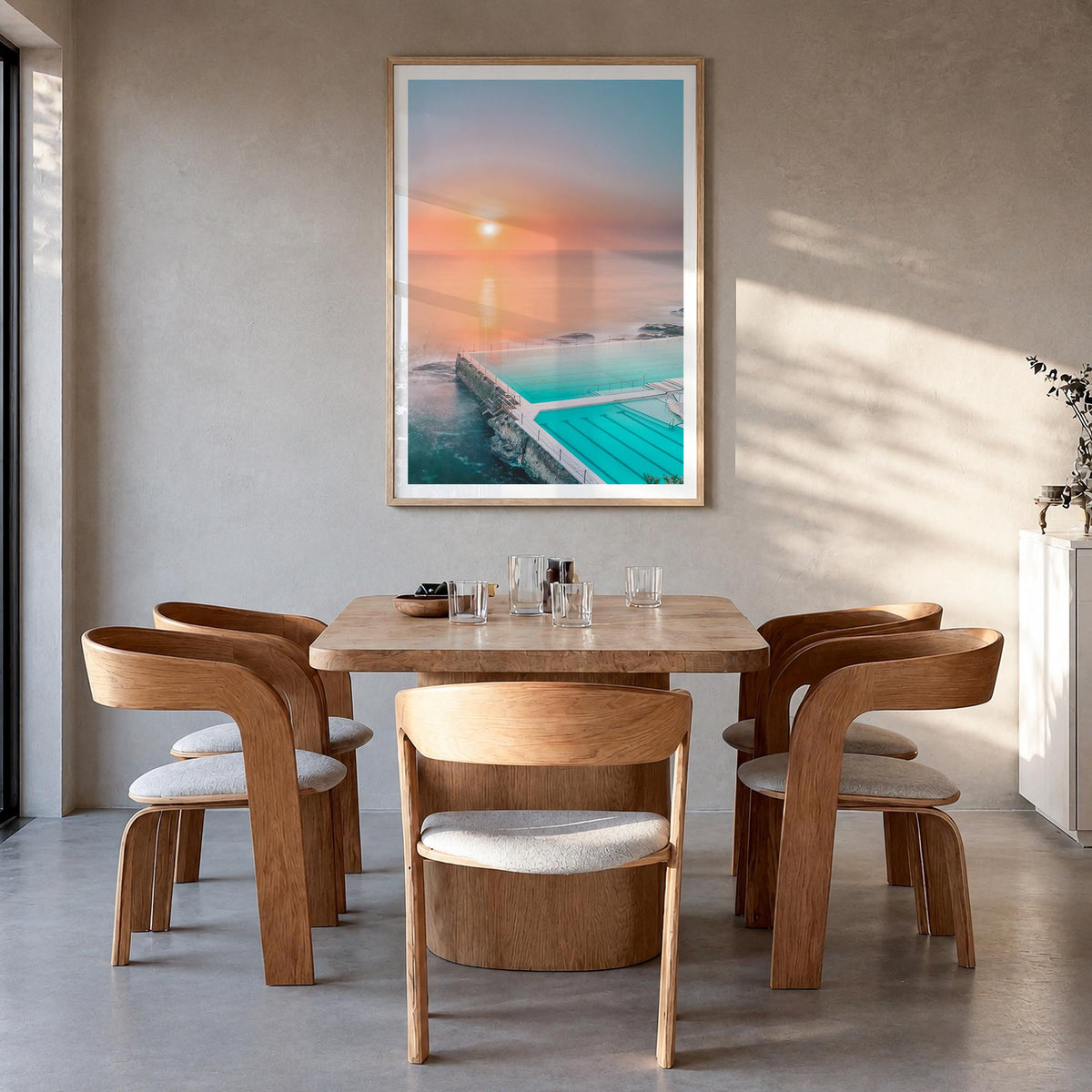 Bondi Beach no. 2 colorful photo poster of Sydney, New South Wales – vertical wall art in natural wood frame with white borde