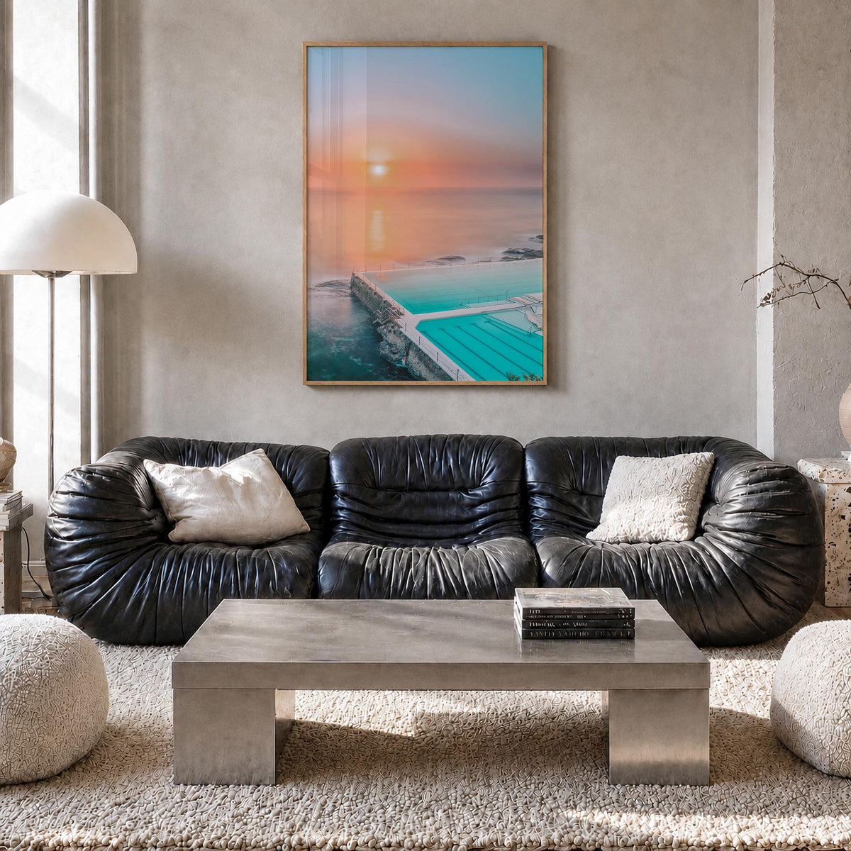 Bondi Beach no. 2 colorful photo poster of Sydney, New South Wales – vertical wall art in natural wood frame, hanging on wall