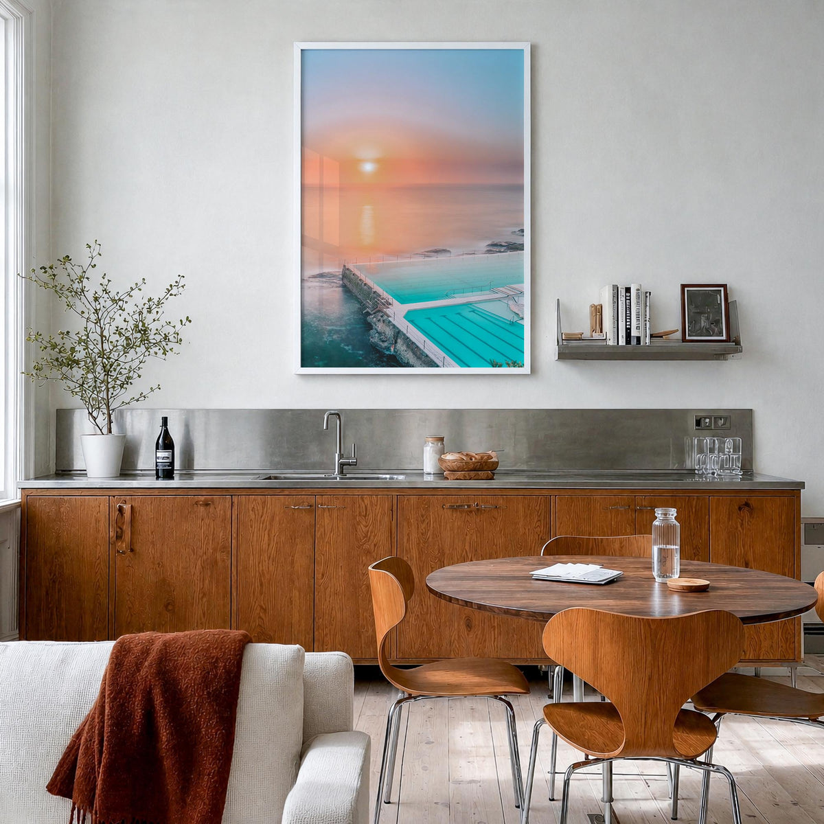 Bondi Beach no. 2 colorful photo poster of Sydney, New South Wales – vertical wall art in white wood frame, hanging on wall