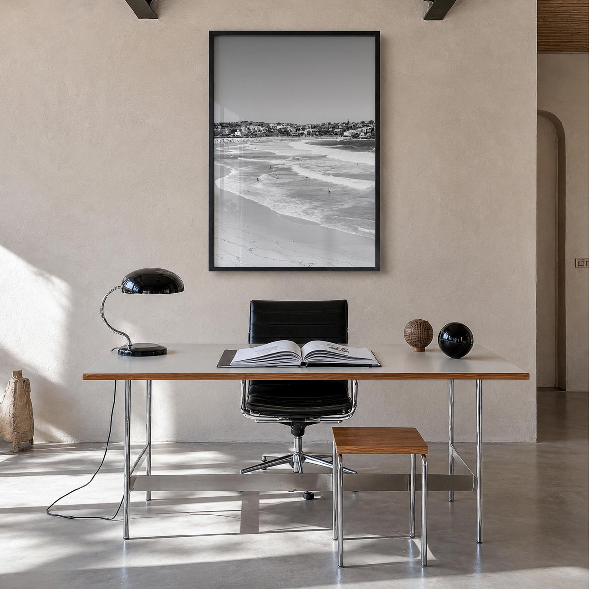 Bondi Beach no. 3 black & white photo poster of Sydney, New South Wales – vertical wall art in black wood frame, hanging on w