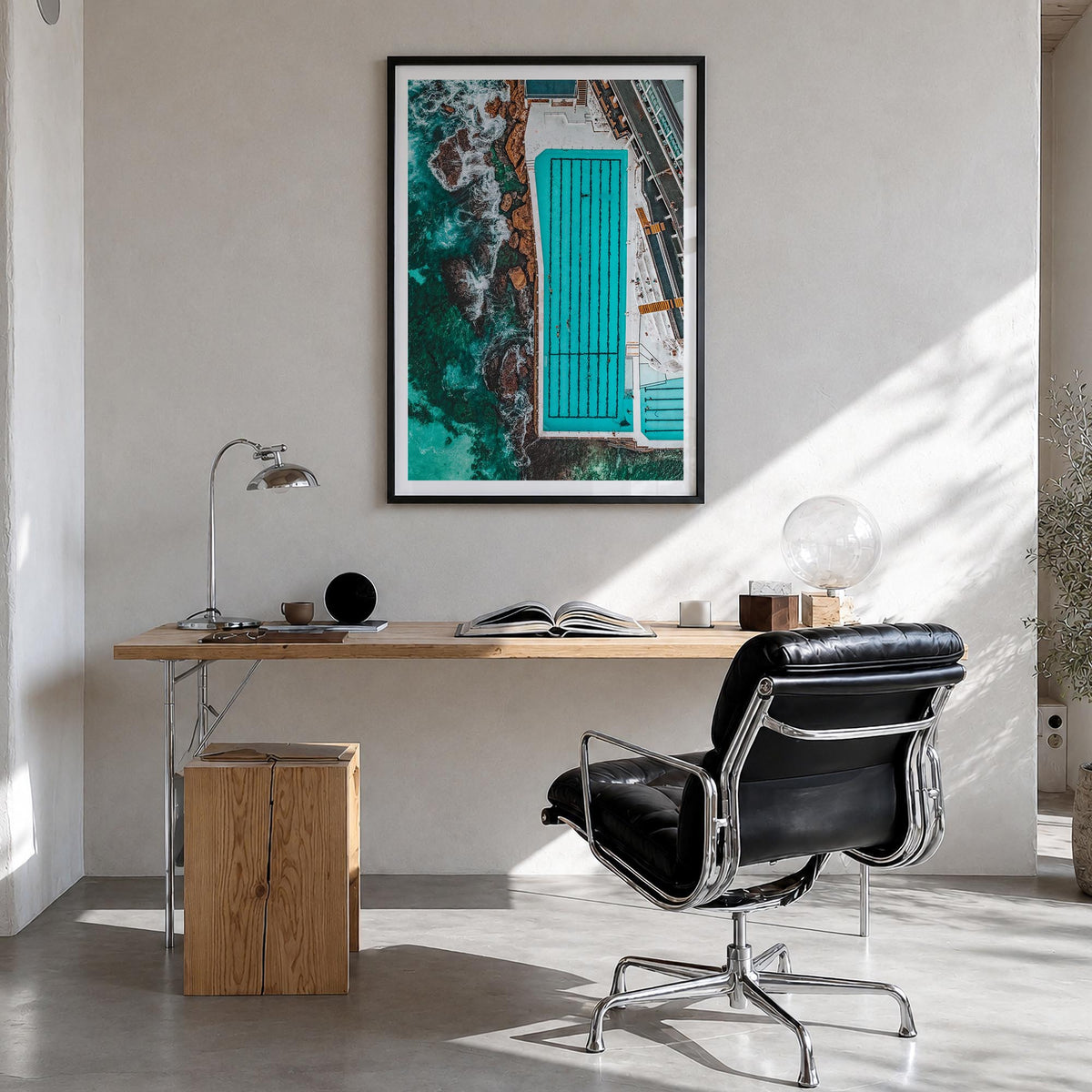 Bondi Beach no. 4 colorful photo poster of Sydney, New South Wales – vertical wall art in black wood frame with white border,