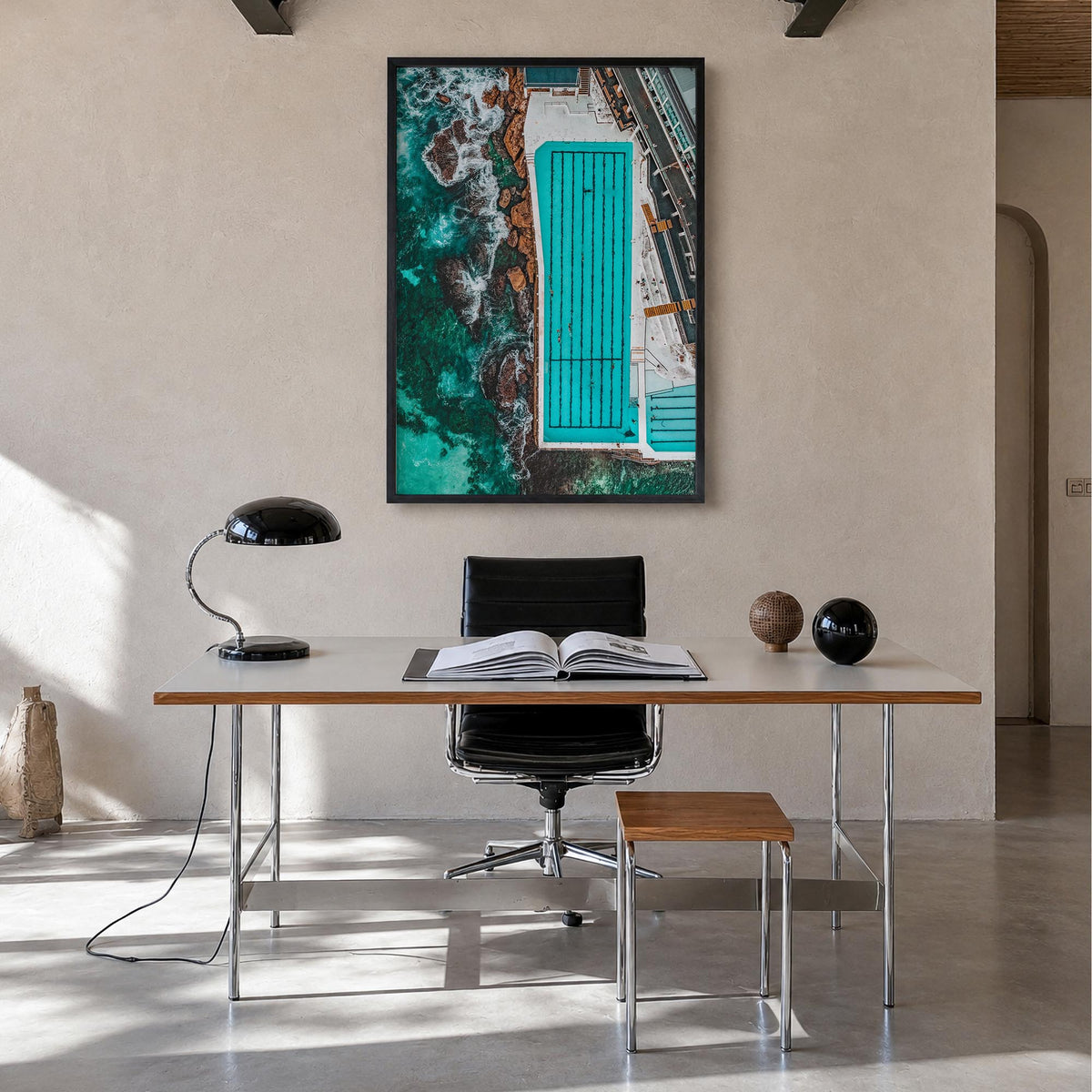 Bondi Beach no. 4 colorful photo poster of Sydney, New South Wales – vertical wall art in black wood frame, hanging on wall