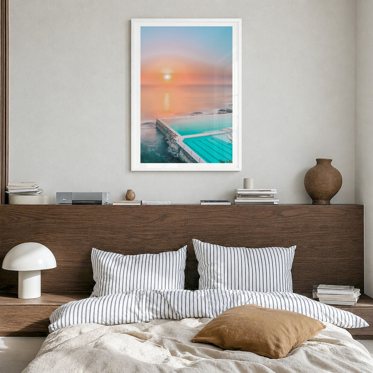 Bondi Beach Photo No 2 Poster in a white wood frame, hanging in a bedroom, white border