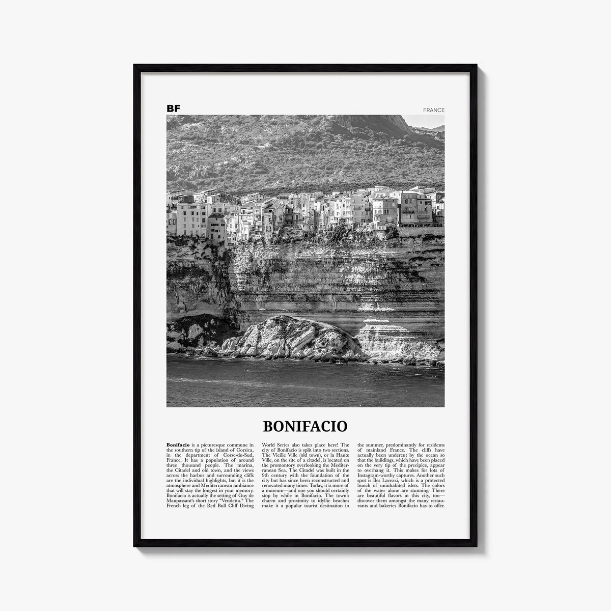 Bonifacio black & white newspaper poster of France – vertical wall art, unframed print shown in interior mockup