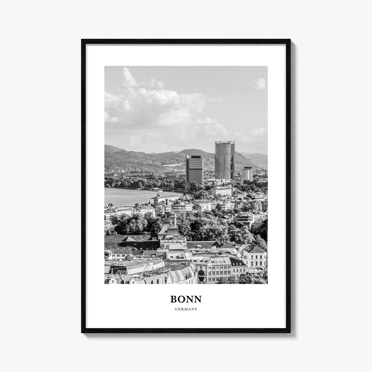 Bonn black & white classic poster of Germany – vertical wall art, unframed print shown in interior mockup