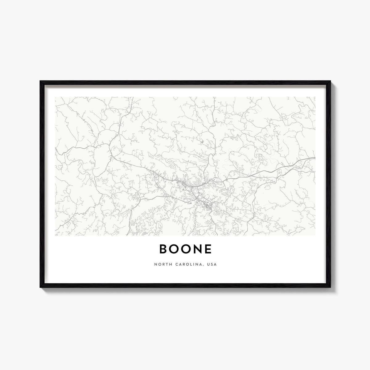 Boone black & white map poster of North Carolina, USA – horizontal wall art, unframed print shown in interior mockup