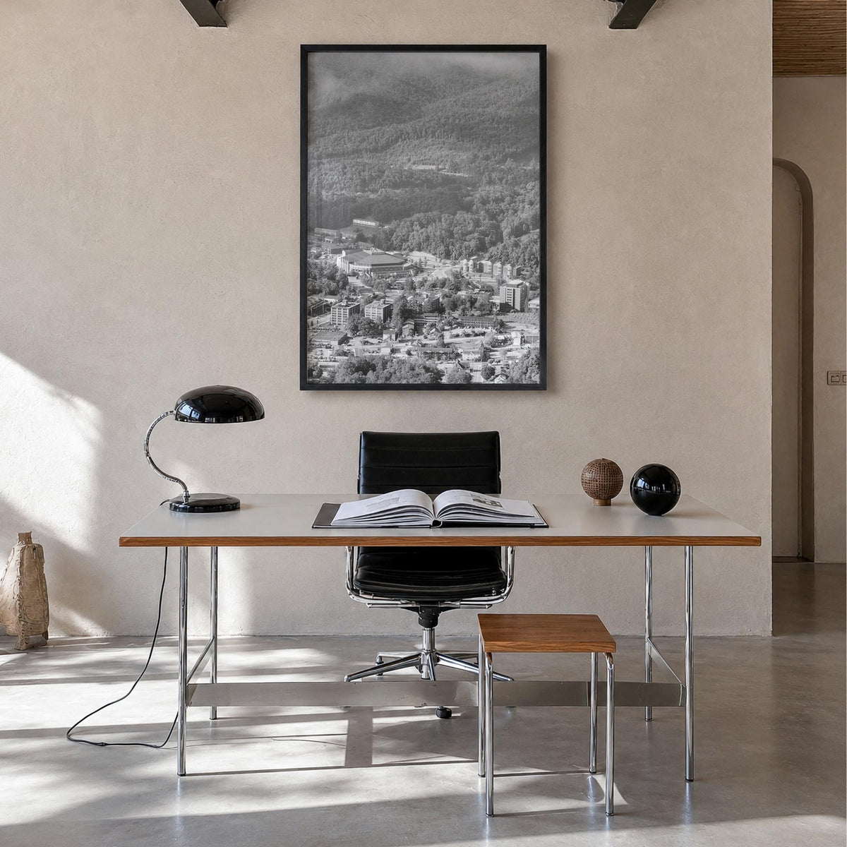 Boone black & white photo poster of North Carolina, USA – vertical wall art in black wood frame, hanging on wall