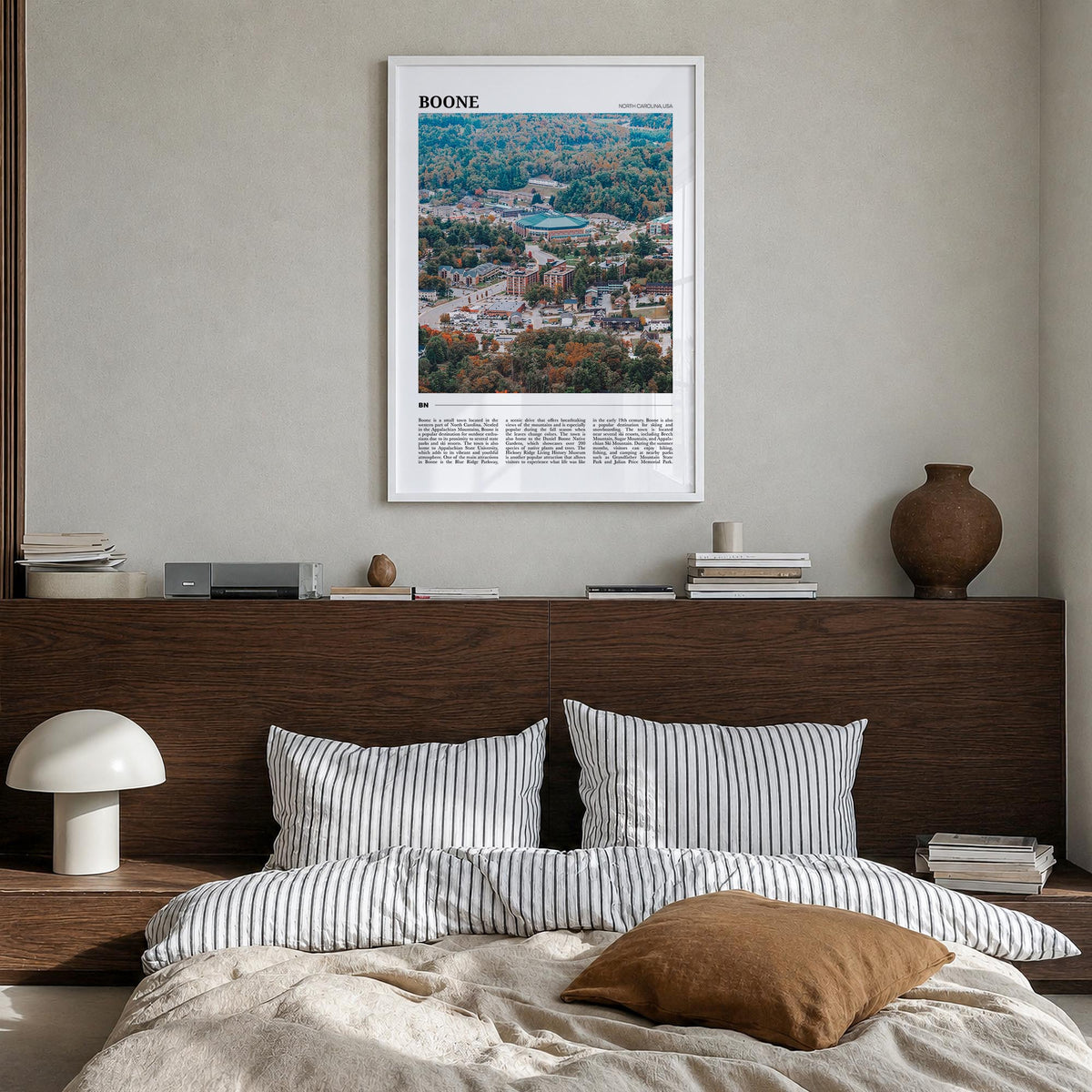 Boone colorful travel poster of North Carolina, USA – vertical wall art in white wood frame, hanging on wall