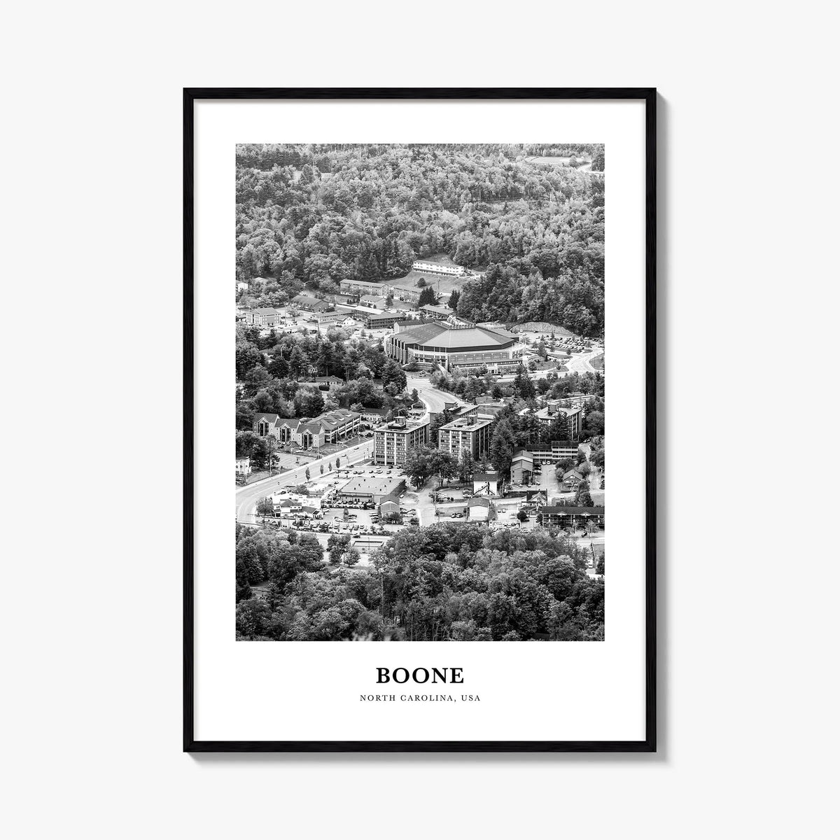 Boone no. 1 black & white classic poster of North Carolina, USA – vertical wall art, unframed print shown in interior mockup