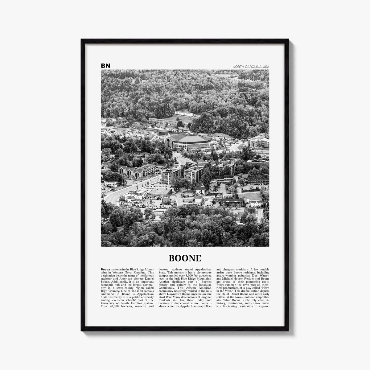 Boone no. 1 black & white newspaper poster of North Carolina, USA – vertical wall art, unframed print shown in interior mocku