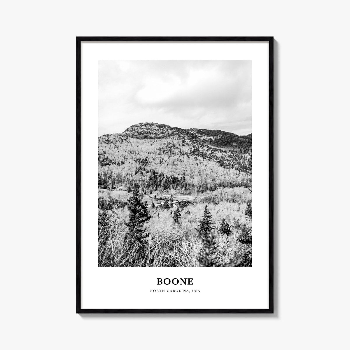 Boone no. 2 black & white classic poster of North Carolina, USA – vertical wall art, unframed print shown in interior mockup