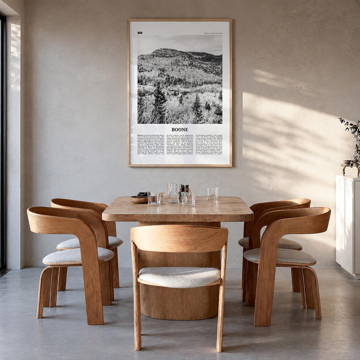Boone no. 2 black & white newspaper poster of North Carolina, USA – vertical wall art in natural wood frame, hanging on wall
