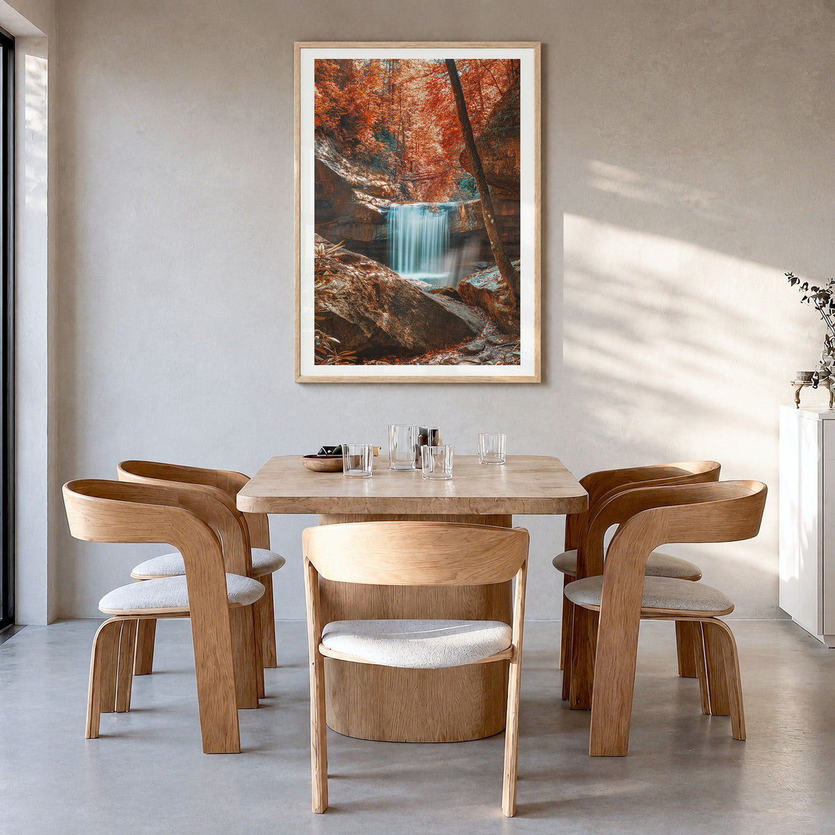 Boone Photo No 2 Poster in a natural wood frame, hanging in a dining room, white border