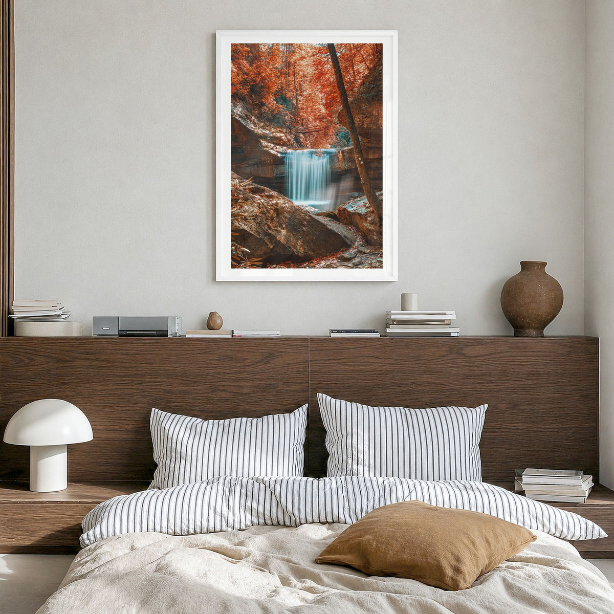 Boone Photo No 2 Poster in a white wood frame, hanging in a bedroom, white border