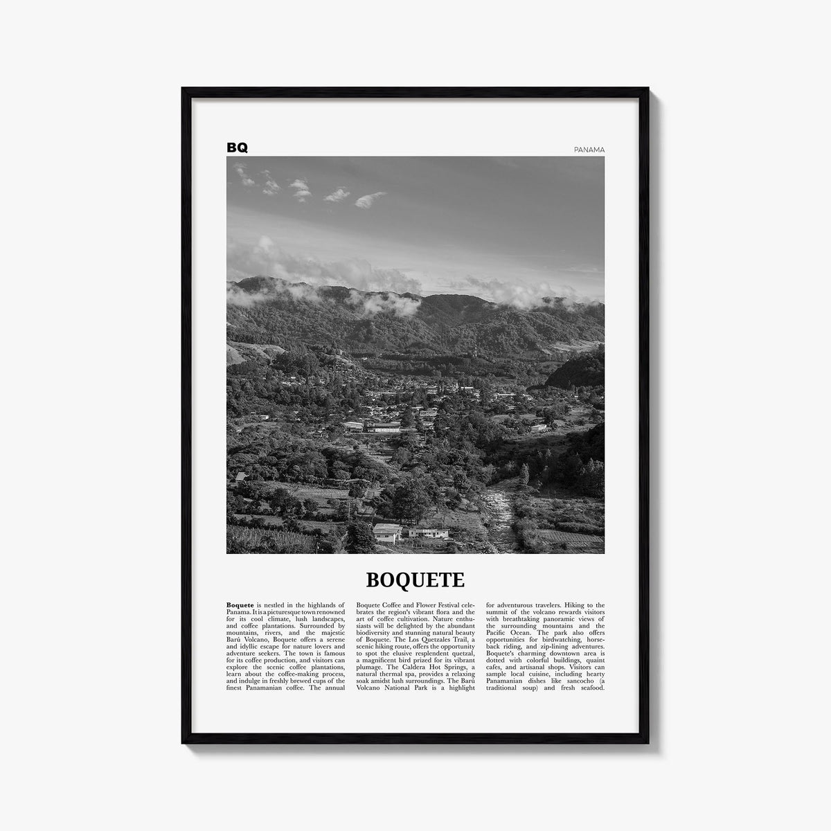 Boquete black & white newspaper poster of Panama – vertical wall art, unframed print shown in interior mockup