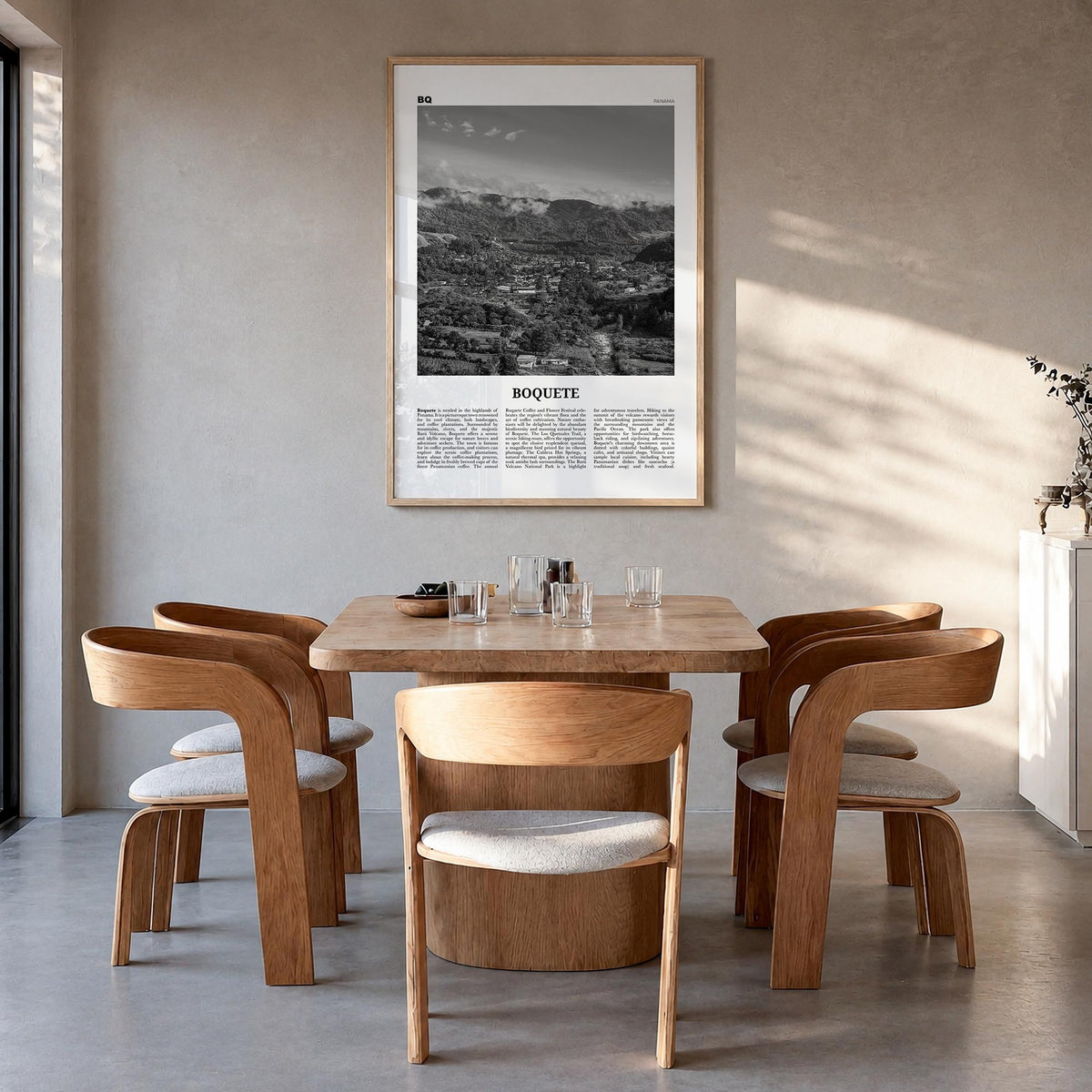 Boquete black & white newspaper poster of Panama – vertical wall art in natural wood frame, hanging on wall