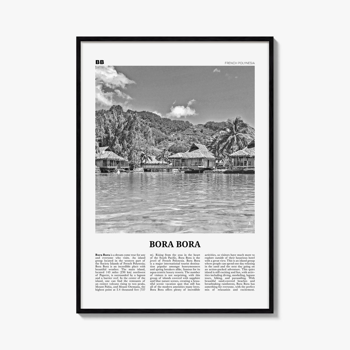 Bora Bora black & white newspaper poster of French Polynesia – vertical wall art, unframed print shown in interior mockup