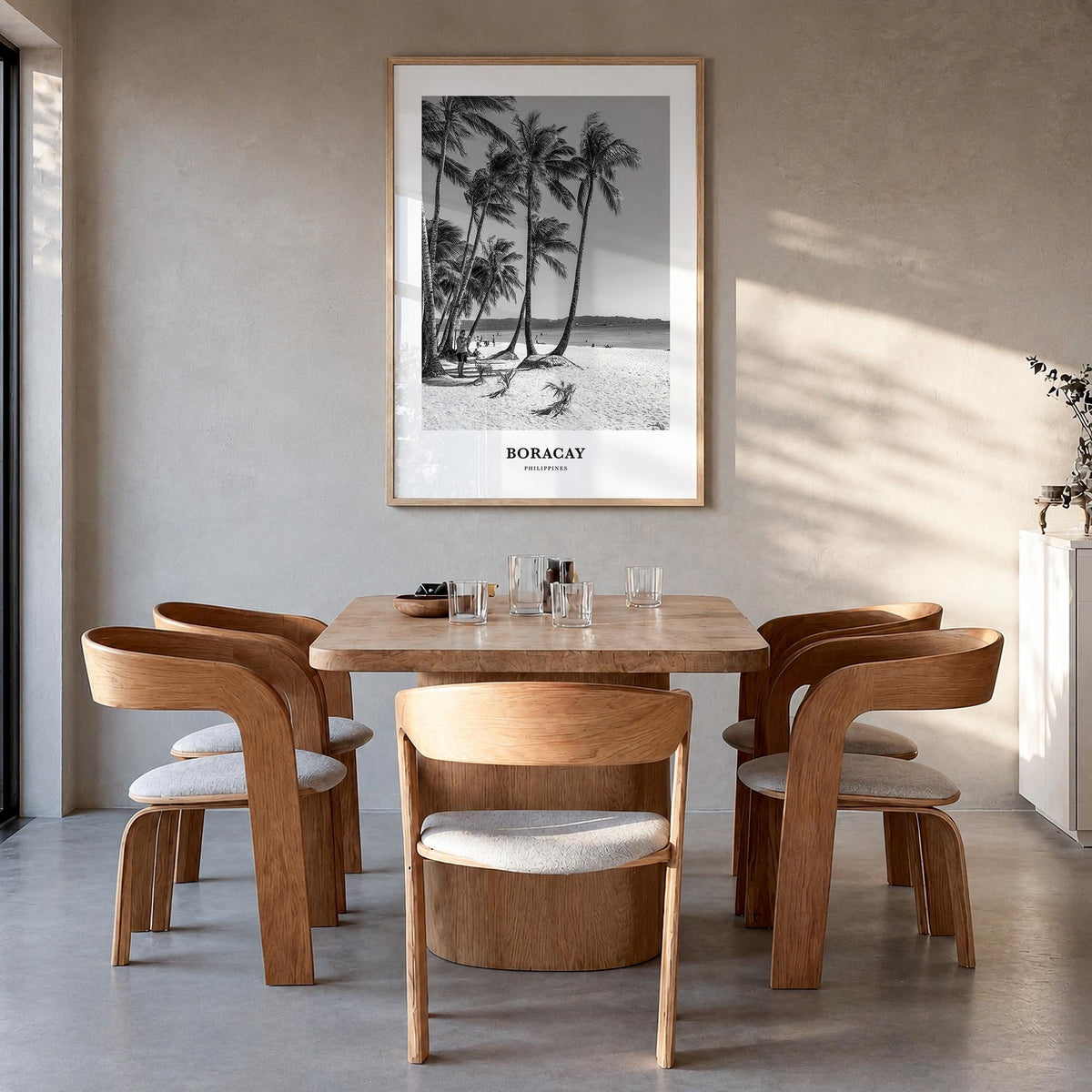 Boracay black & white classic poster of Philippines – vertical wall art in natural wood frame, hanging on wall