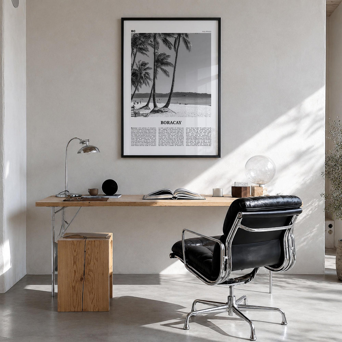 Boracay black & white newspaper poster of Philippines – vertical wall art in black wood frame, hanging on wall