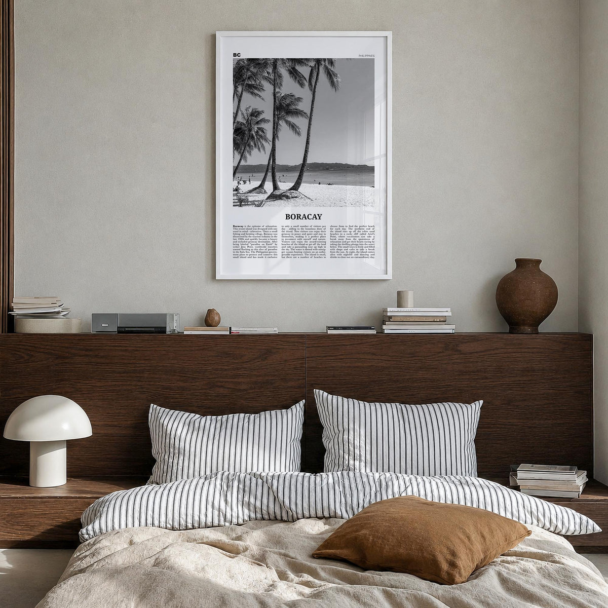 Boracay black & white newspaper poster of Philippines – vertical wall art in white wood frame, hanging on wall
