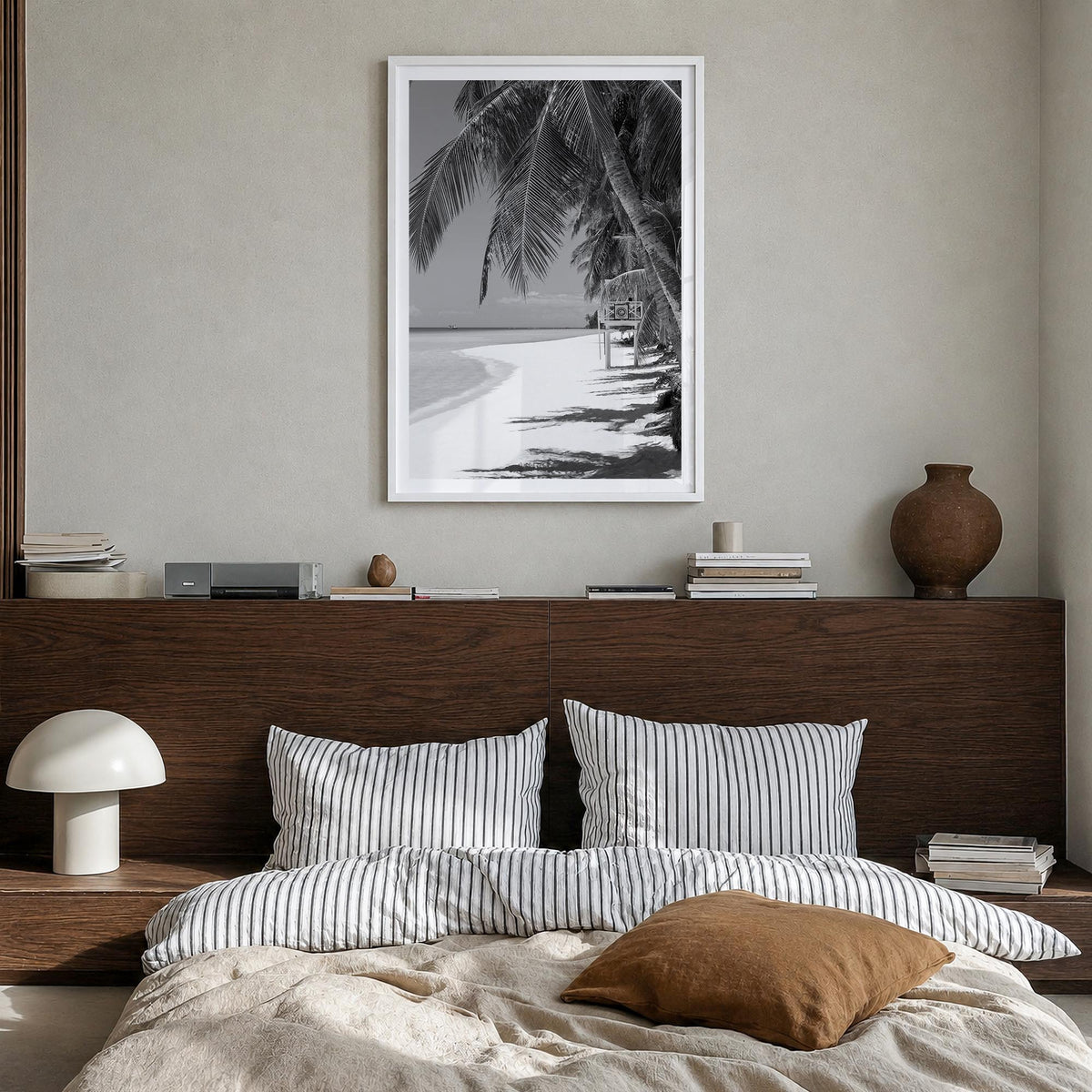 Boracay black & white photo poster of Philippines – vertical wall art in white wood frame with white border, hanging on wall