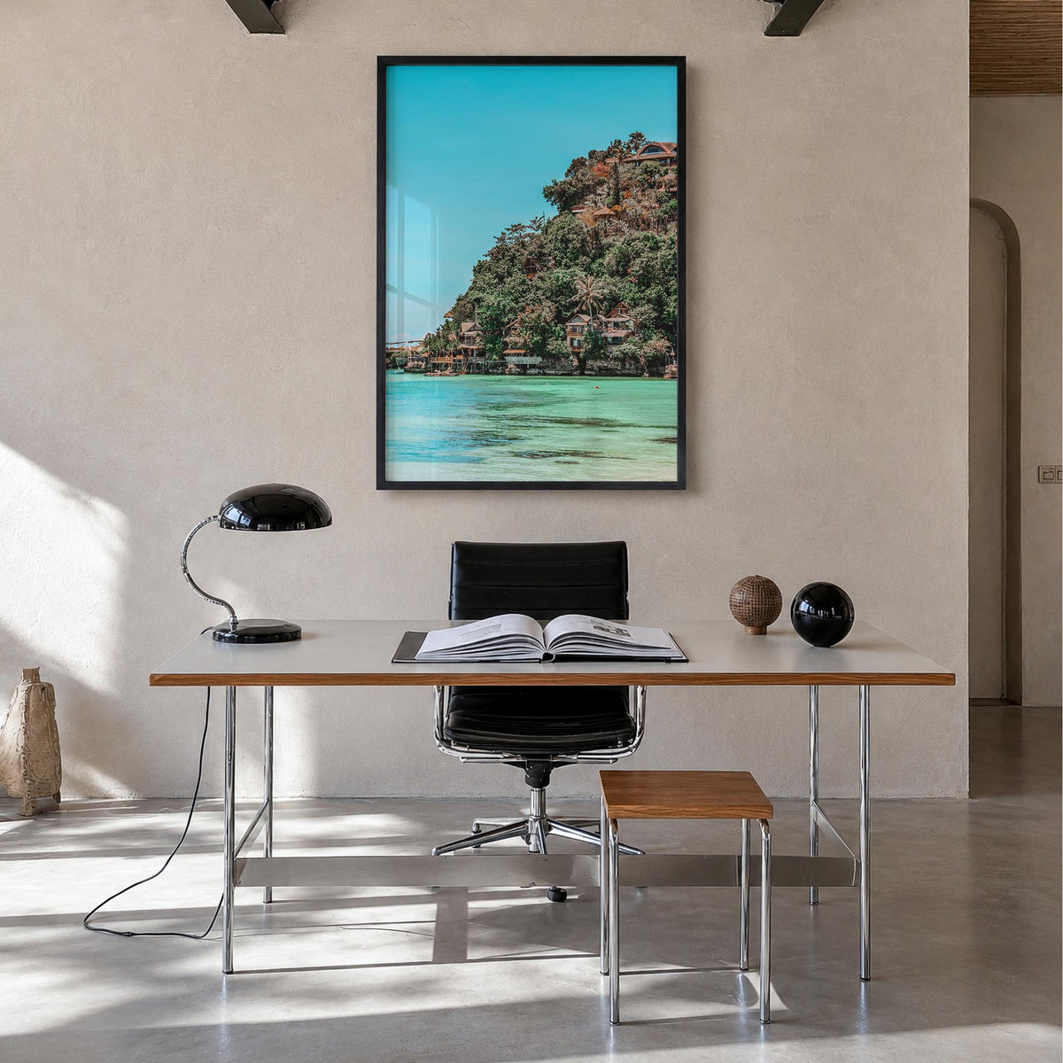 Boracay colorful photo poster of Philippines – vertical wall art in black wood frame, hanging on wall