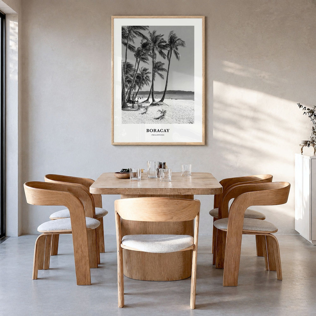 Boracay Classic Poster in a natural wood frame, hanging in a dining room