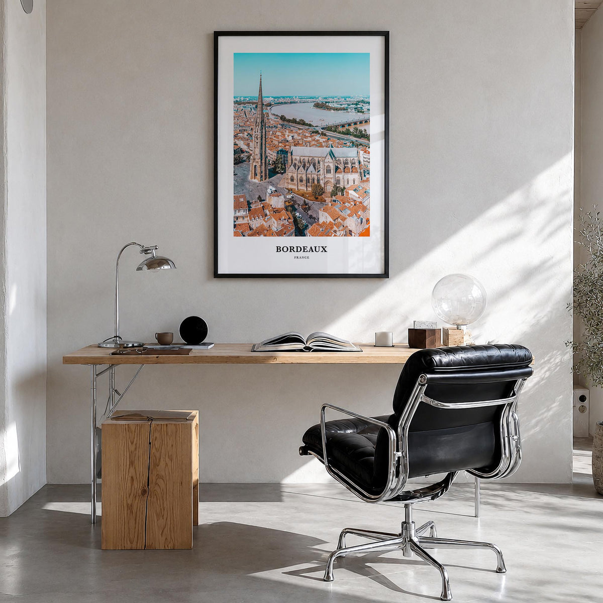 Bordeaux colorful classic poster of France – vertical wall art in black wood frame, hanging on wall