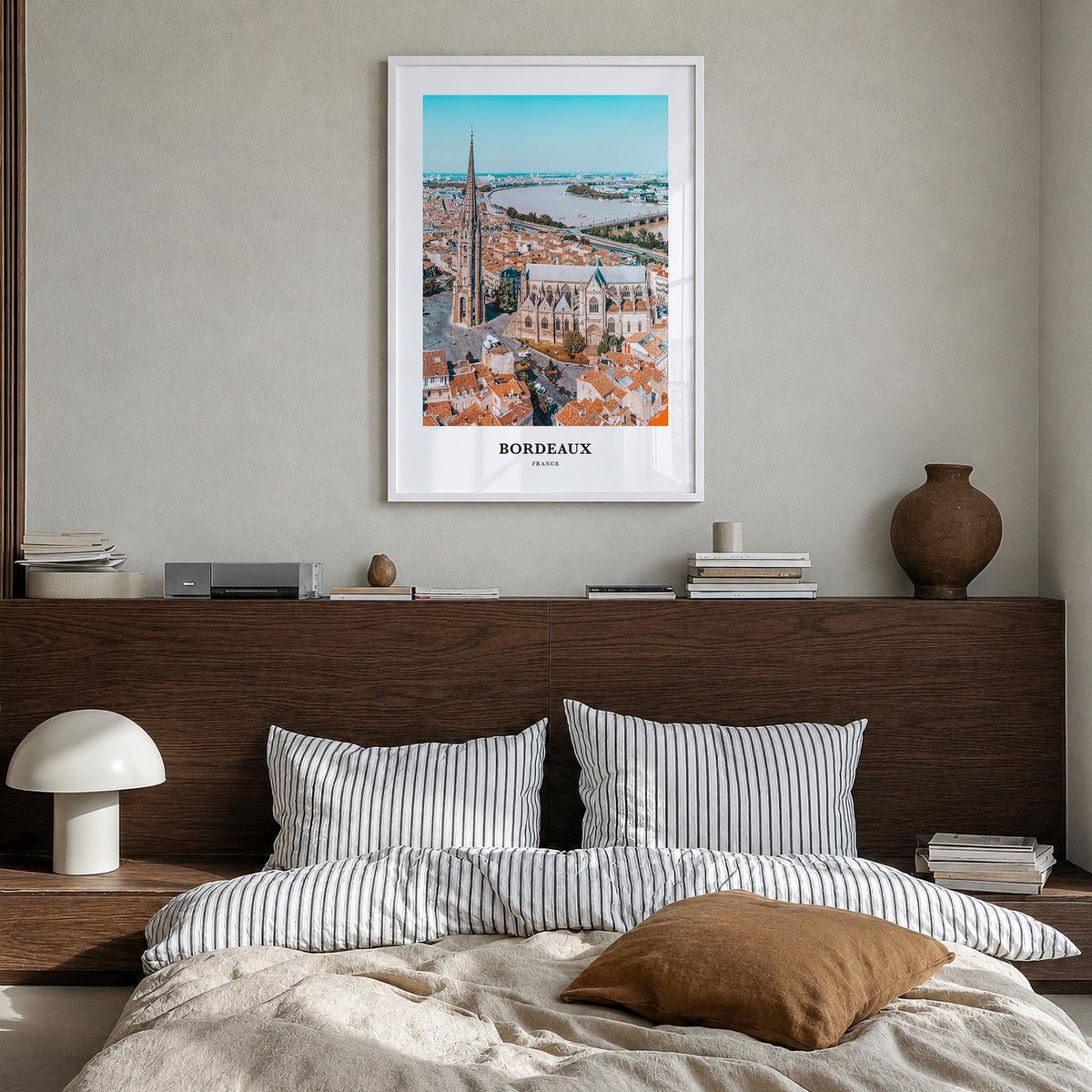 Bordeaux colorful classic poster of France – vertical wall art in white wood frame, hanging on wall