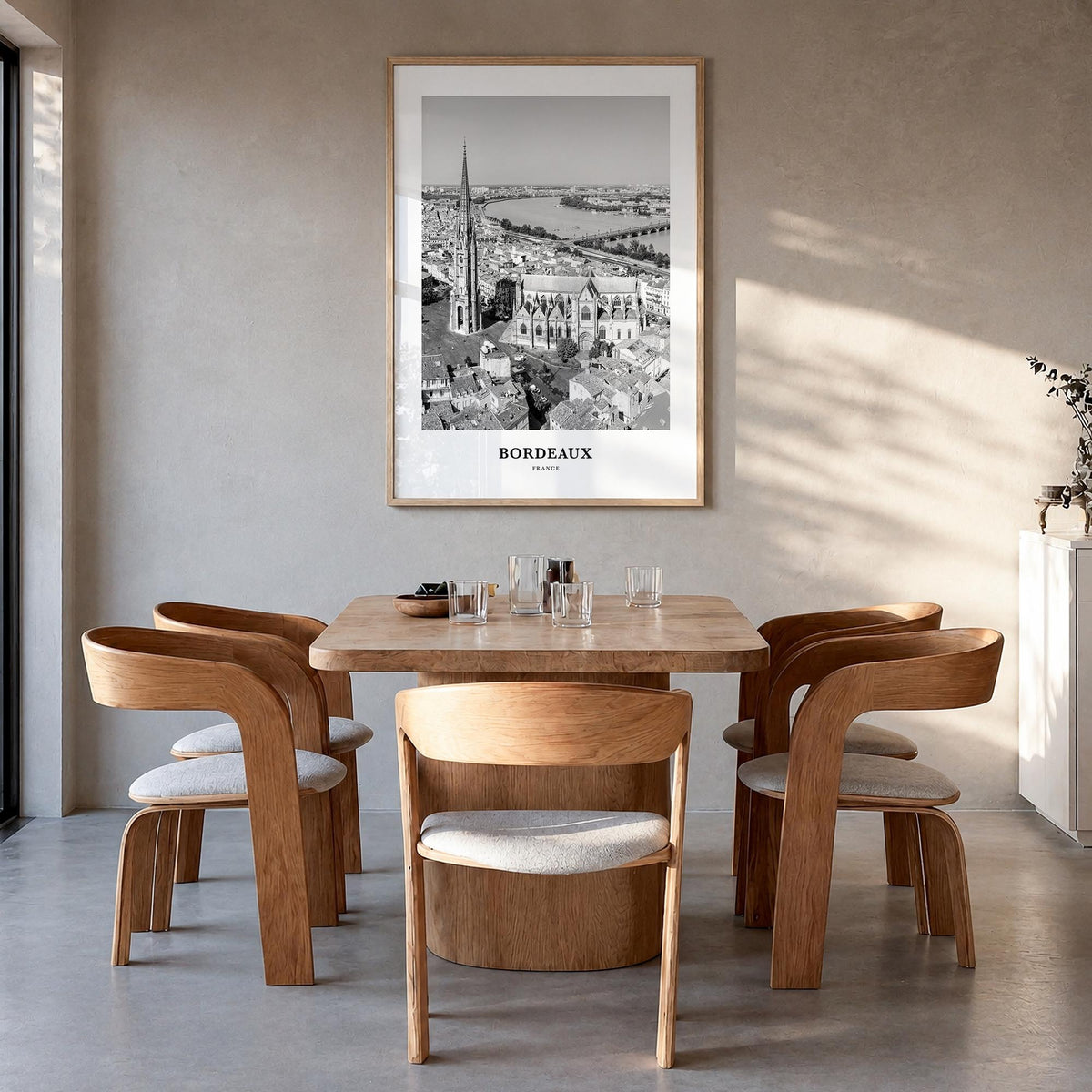 Bordeaux no. 2 black & white classic poster of France – vertical wall art in natural wood frame, hanging on wall