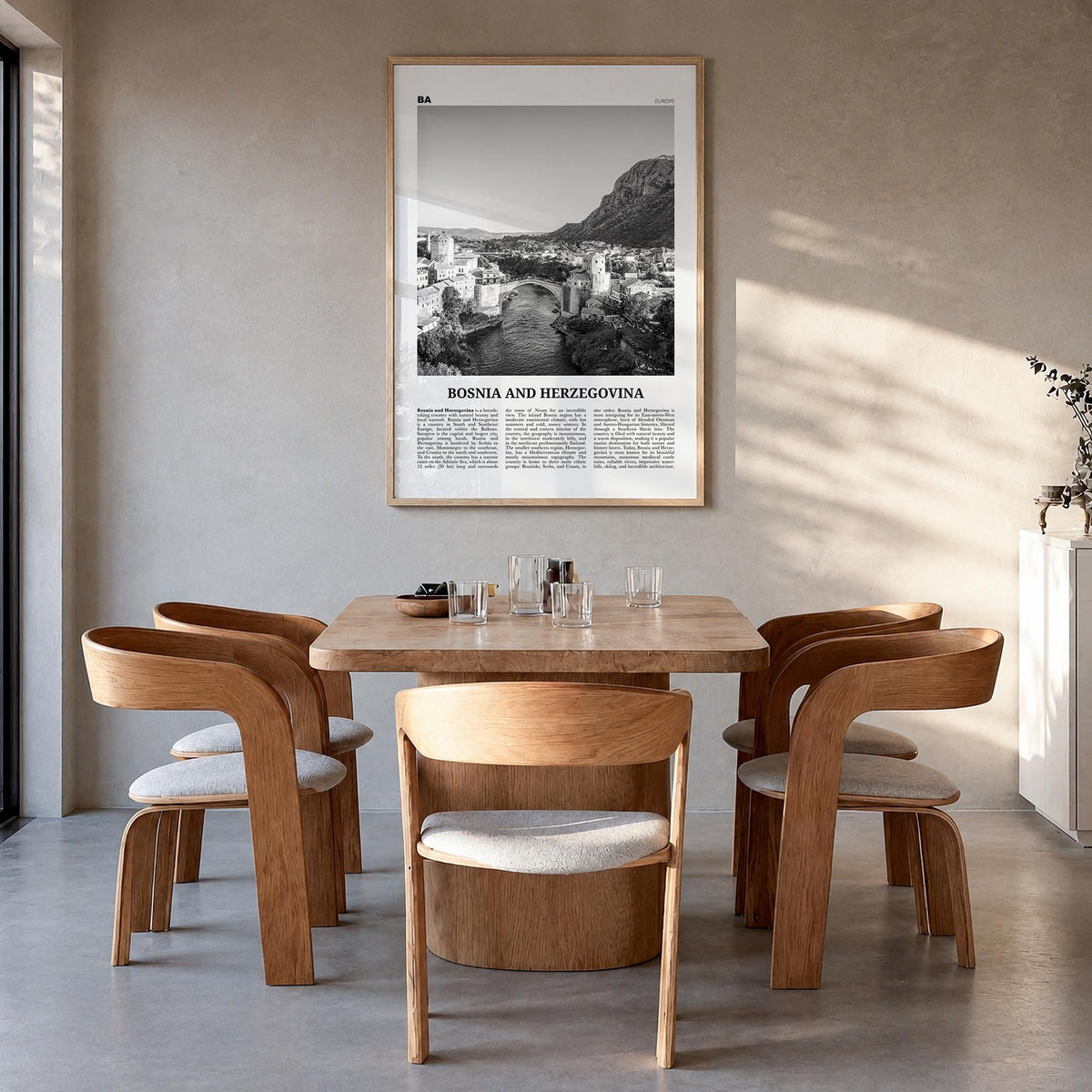 Bosnia and Herzegovina black & white newspaper poster of Europe – vertical wall art in natural wood frame, hanging on wall