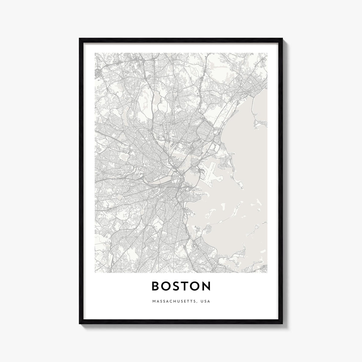 Boston black & white map poster of Massachusetts, USA – vertical wall art, unframed print shown in interior mockup