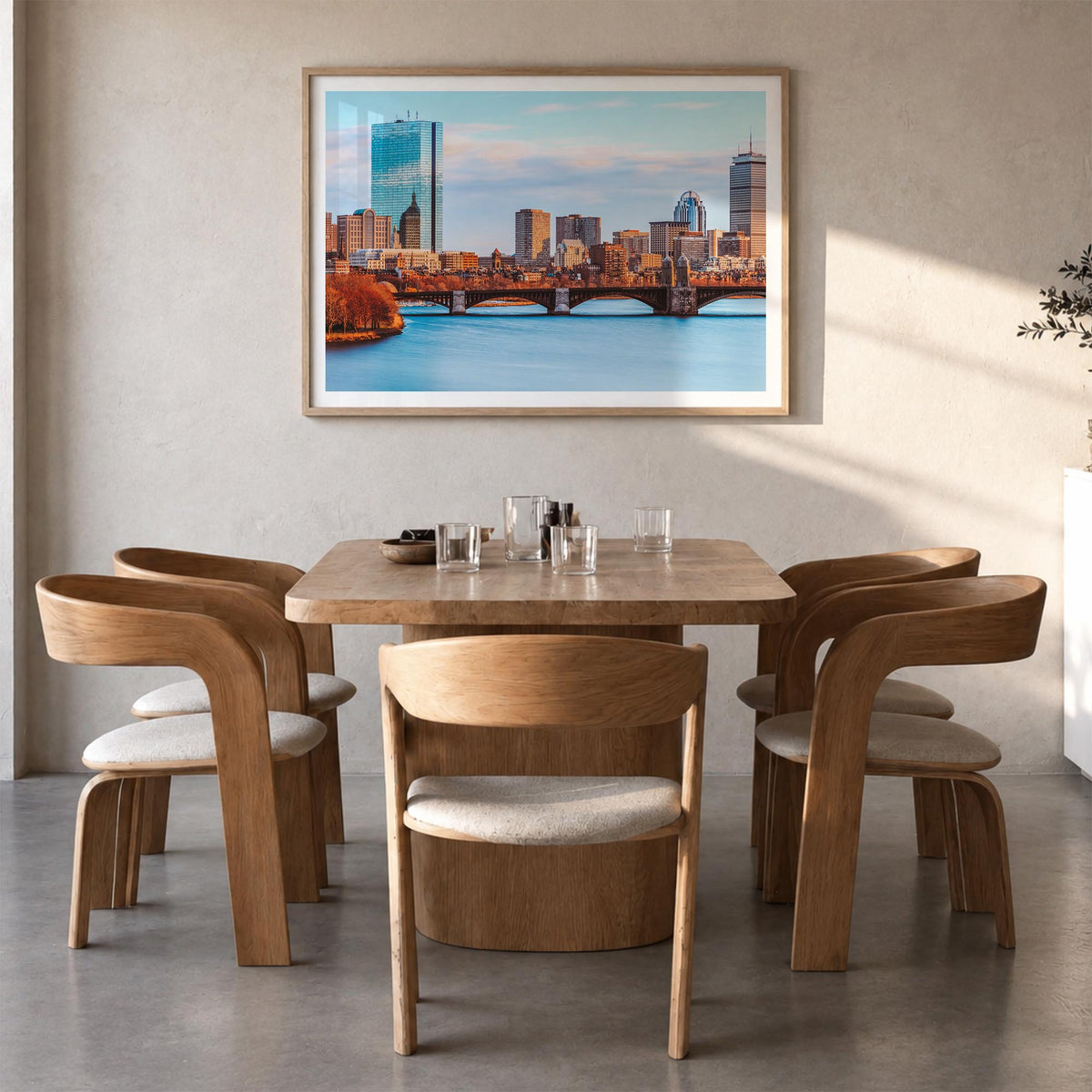 Boston colorful photo poster of Massachusetts, USA – horizontal wall art in natural wood frame with white border, hanging on