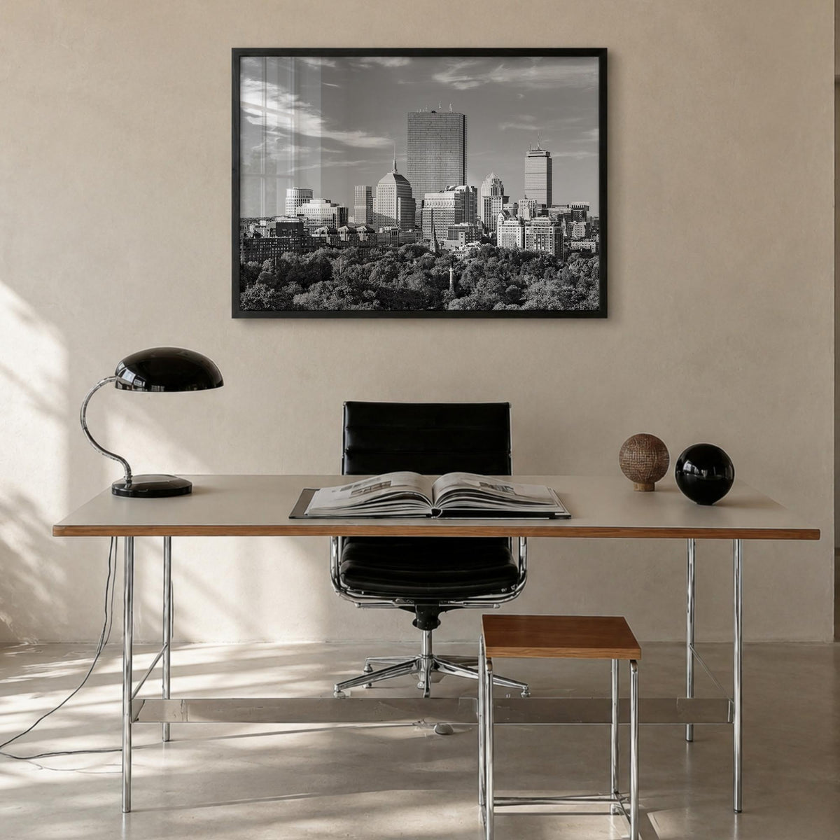Boston no. 1 black & white photo poster of Massachusetts, USA – horizontal wall art in black wood frame, hanging on wall