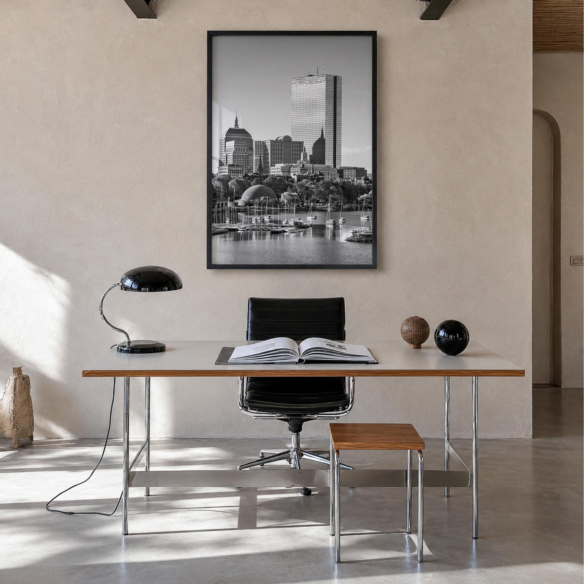 Boston no. 1 black & white photo poster of Massachusetts, USA – vertical wall art in black wood frame, hanging on wall