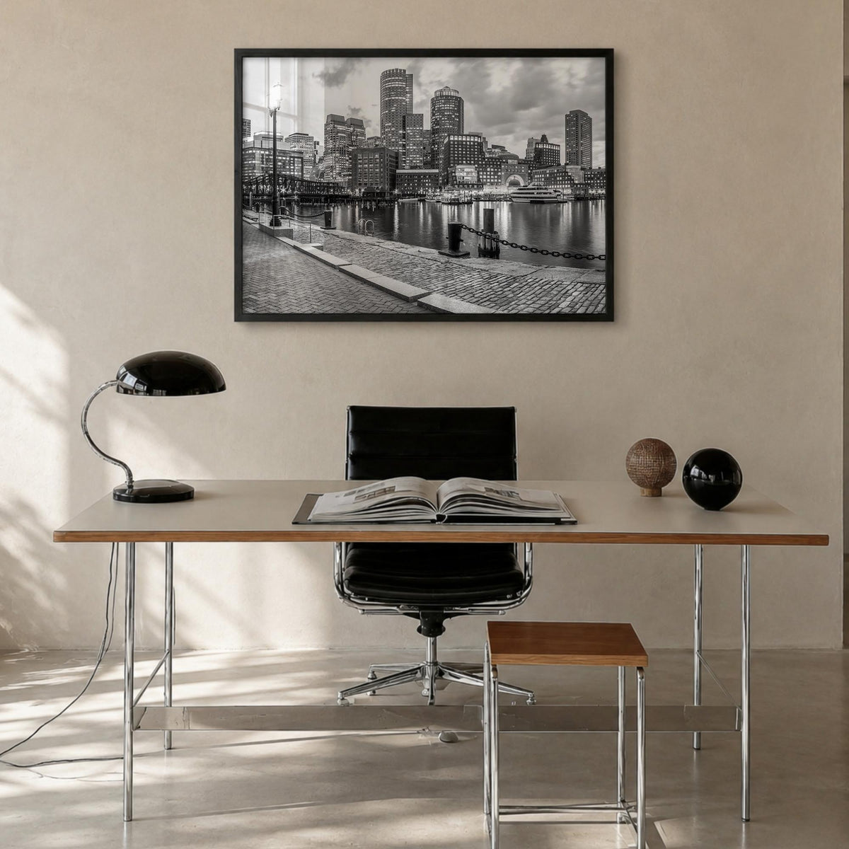 Boston no. 2 black & white photo poster of Massachusetts, USA – horizontal wall art in black wood frame, hanging on wall