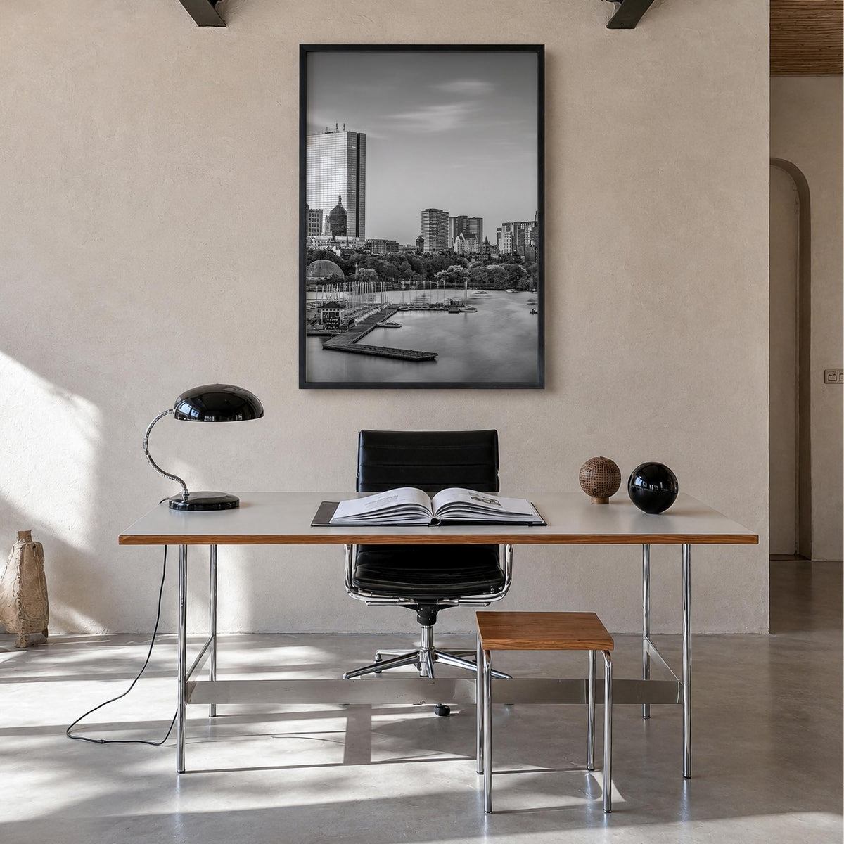 Boston no. 2 black & white photo poster of Massachusetts, USA – vertical wall art in black wood frame, hanging on wall