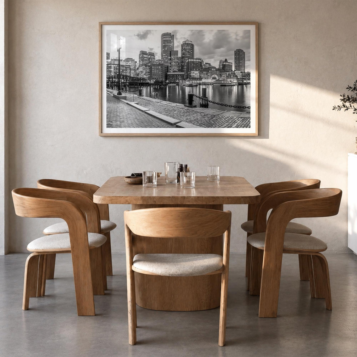 Boston no. 2 black & white photo poster of Massachusetts, USA – horizontal wall art in natural wood frame with white border,