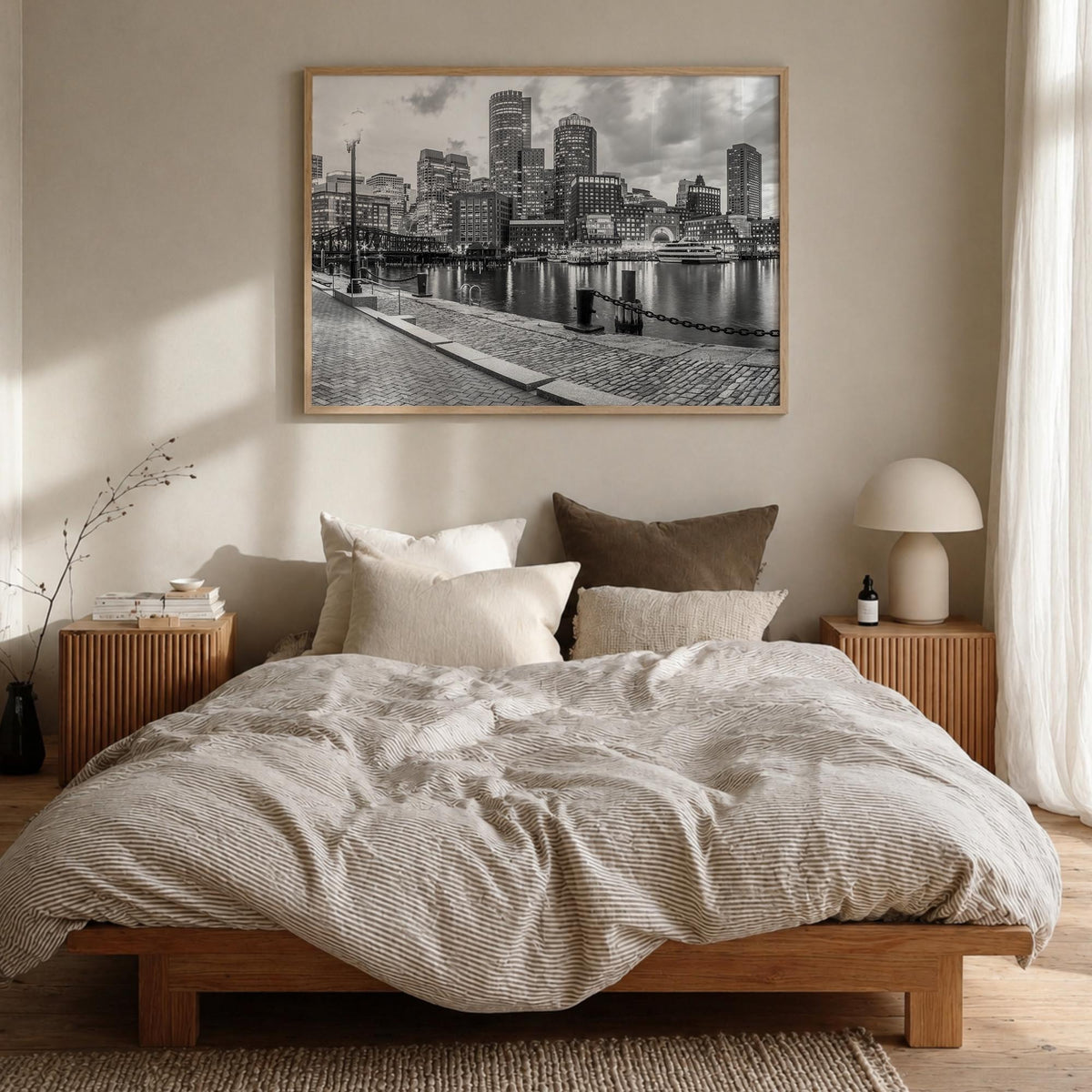 Boston no. 2 black & white photo poster of Massachusetts, USA – horizontal wall art in natural wood frame, hanging on wall