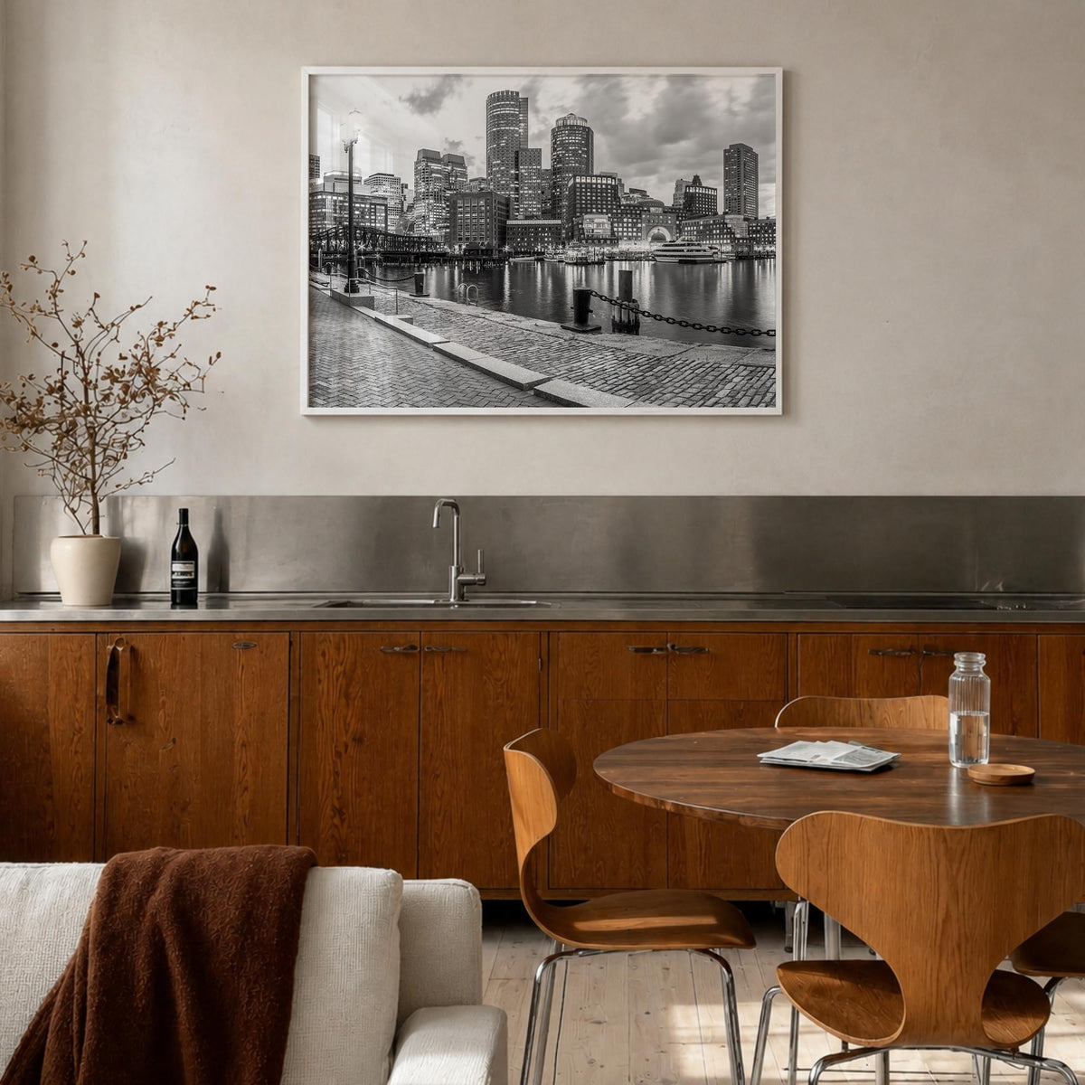 Boston no. 2 black & white photo poster of Massachusetts, USA – horizontal wall art in white wood frame, hanging on wall