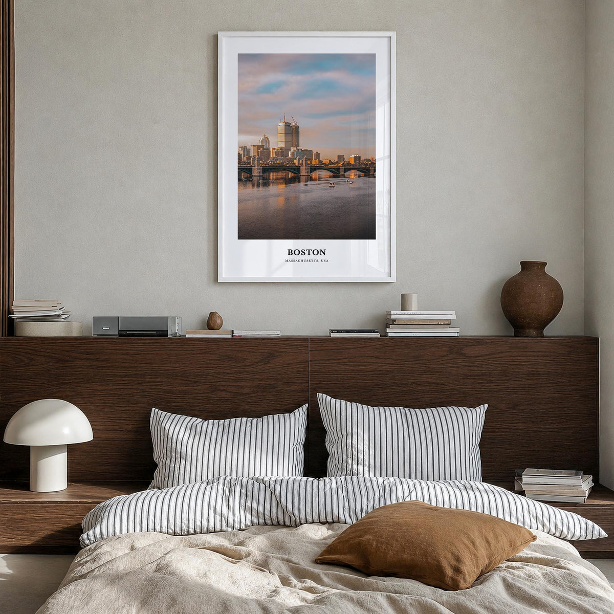 Boston no. 2 colorful classic poster of Massachusetts, USA – vertical wall art in white wood frame, hanging on wall