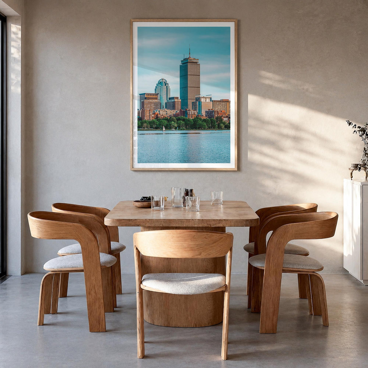 Boston no. 2 colorful photo poster of Massachusetts, USA – vertical wall art in natural wood frame with white border, hanging