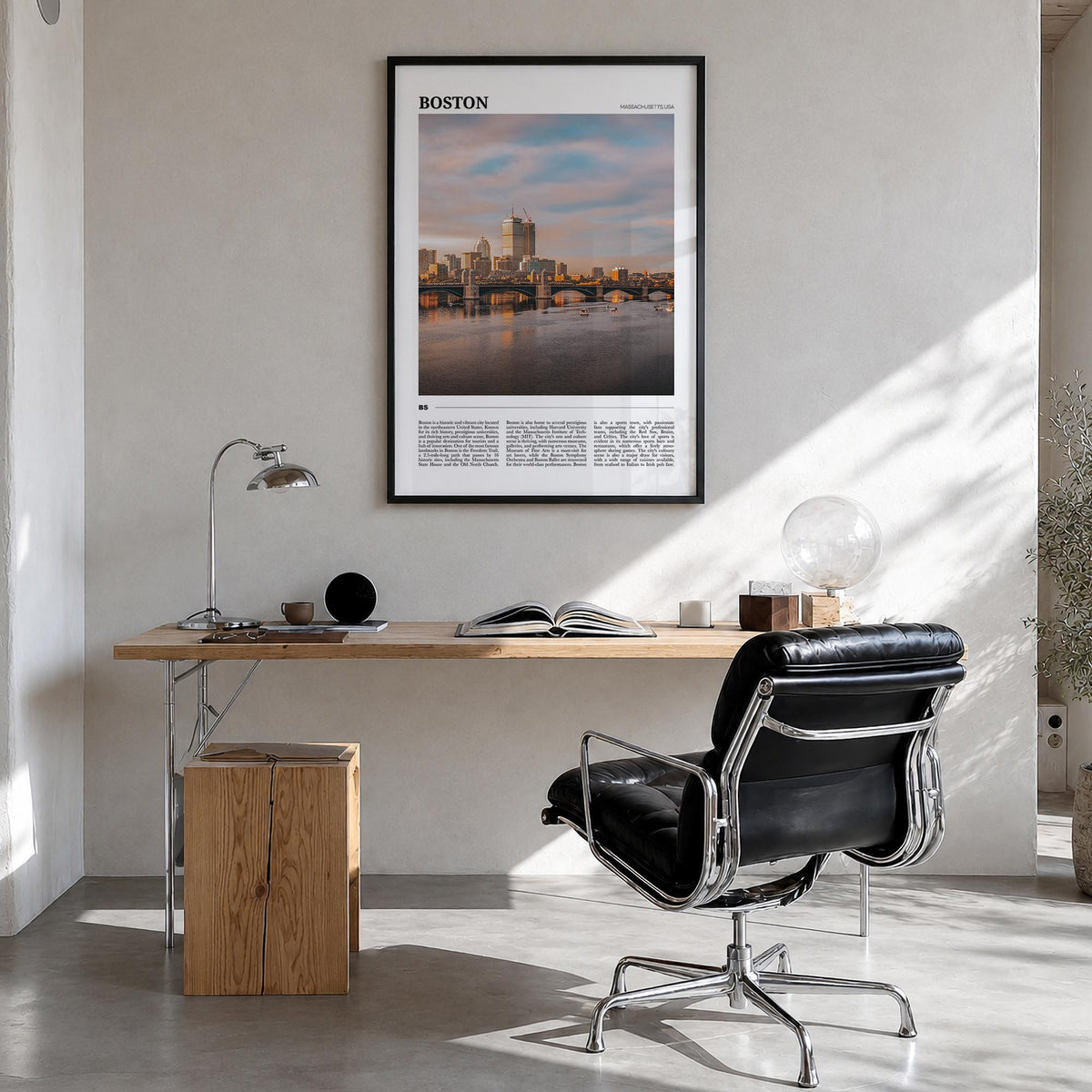 Boston no. 2 colorful travel poster of Massachusetts, USA – vertical wall art in black wood frame, hanging on wall