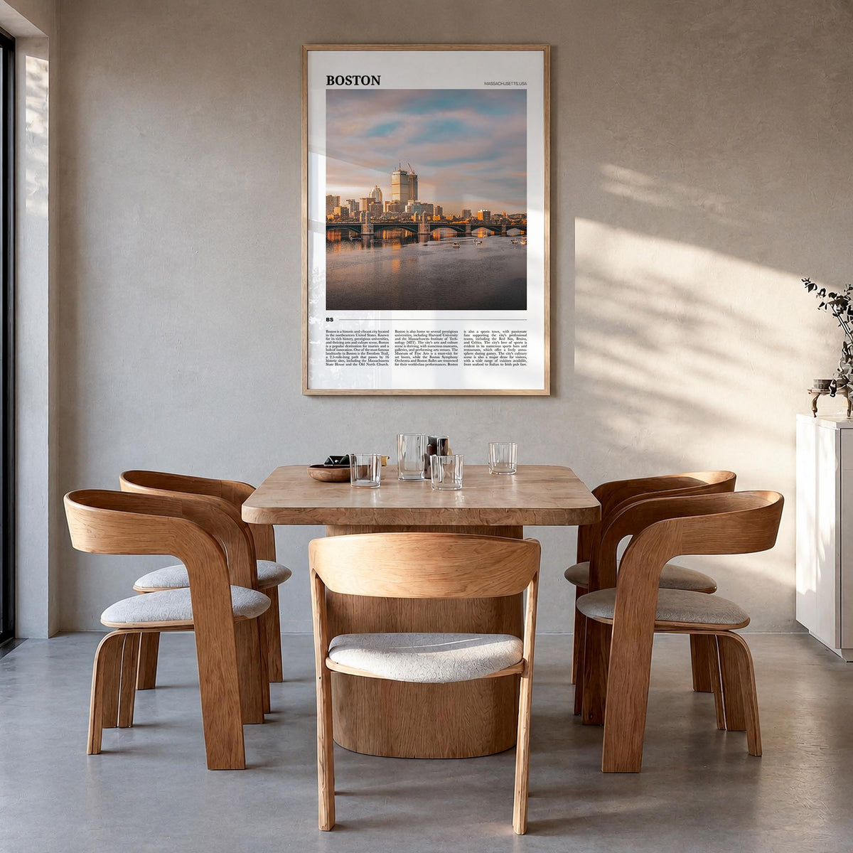 Boston no. 2 colorful travel poster of Massachusetts, USA – vertical wall art in natural wood frame, hanging on wall