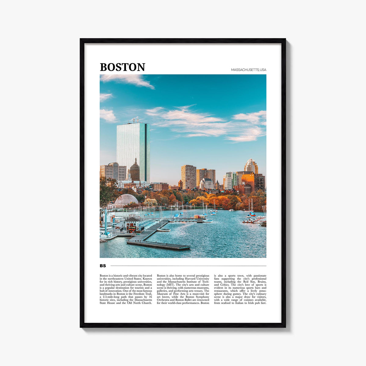 Boston no. 3 colorful travel poster of Massachusetts, USA – vertical wall art, unframed print shown in interior mockup