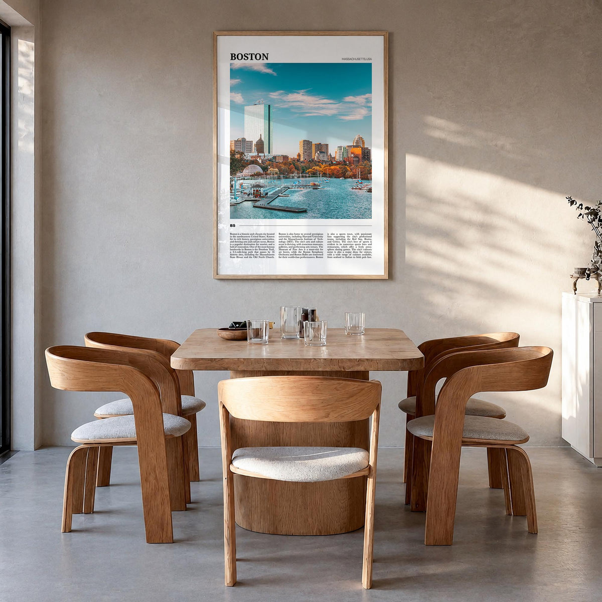 Boston no. 3 colorful travel poster of Massachusetts, USA – vertical wall art in natural wood frame, hanging on wall