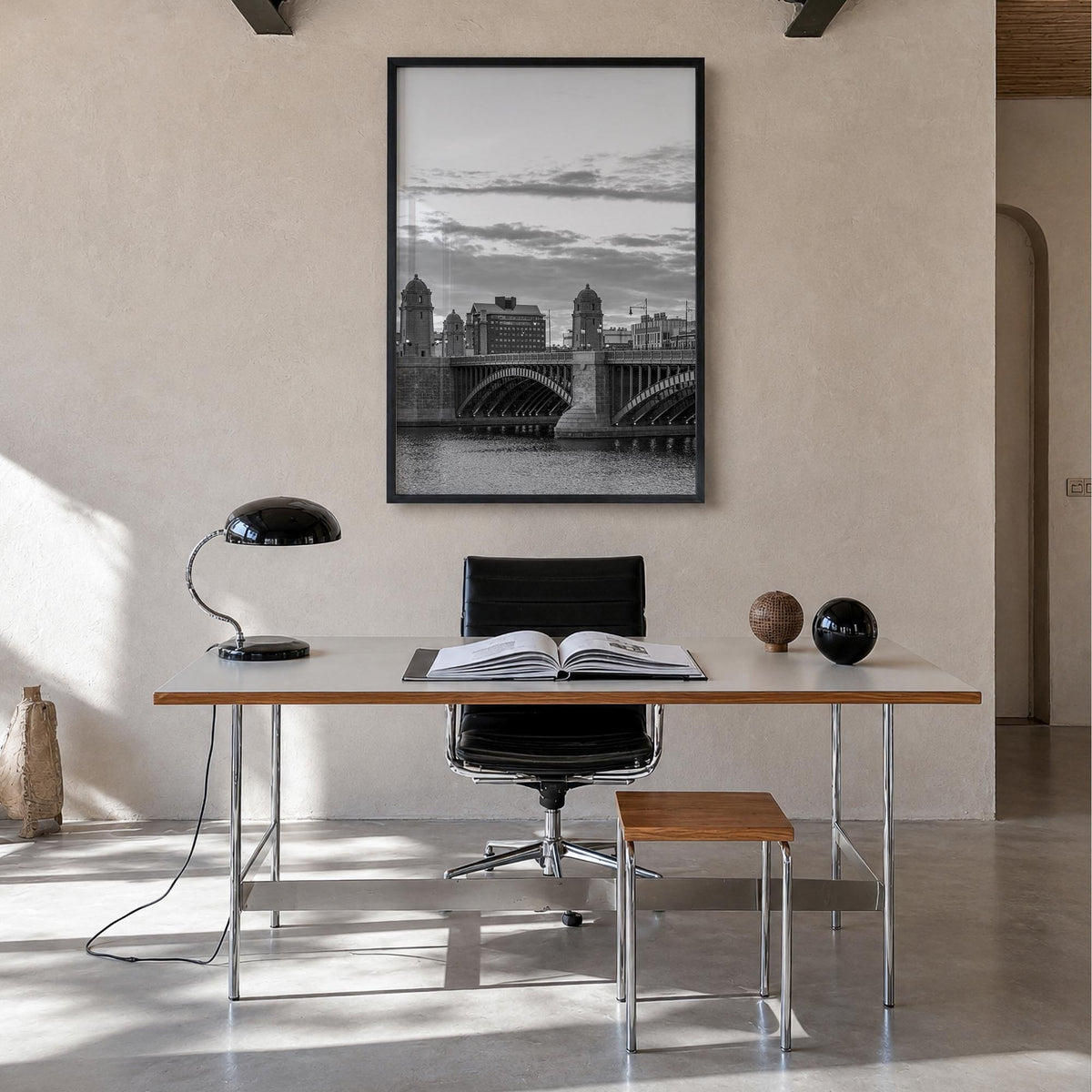 Boston no. 4 black & white photo poster of Massachusetts, USA – vertical wall art in black wood frame, hanging on wall