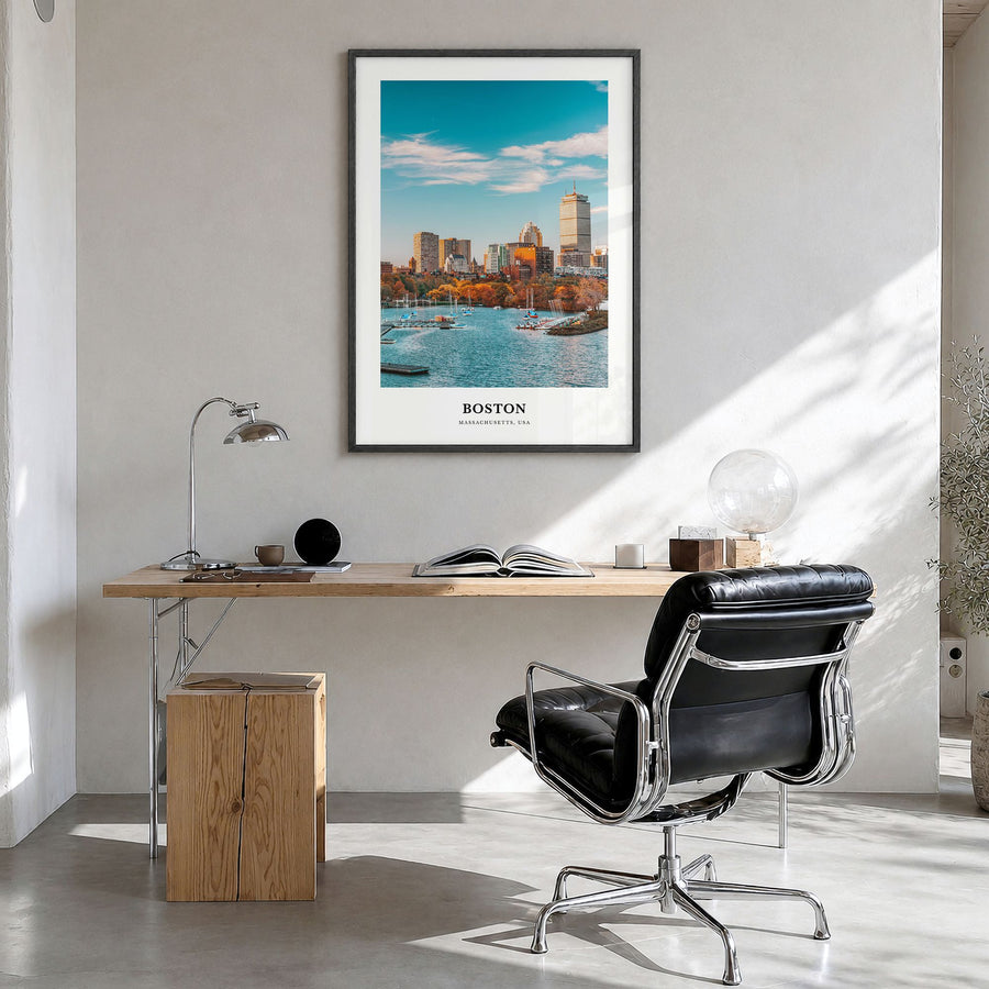 Boston Classic No 3 Poster in a black wood frame, hanging in a bright home office