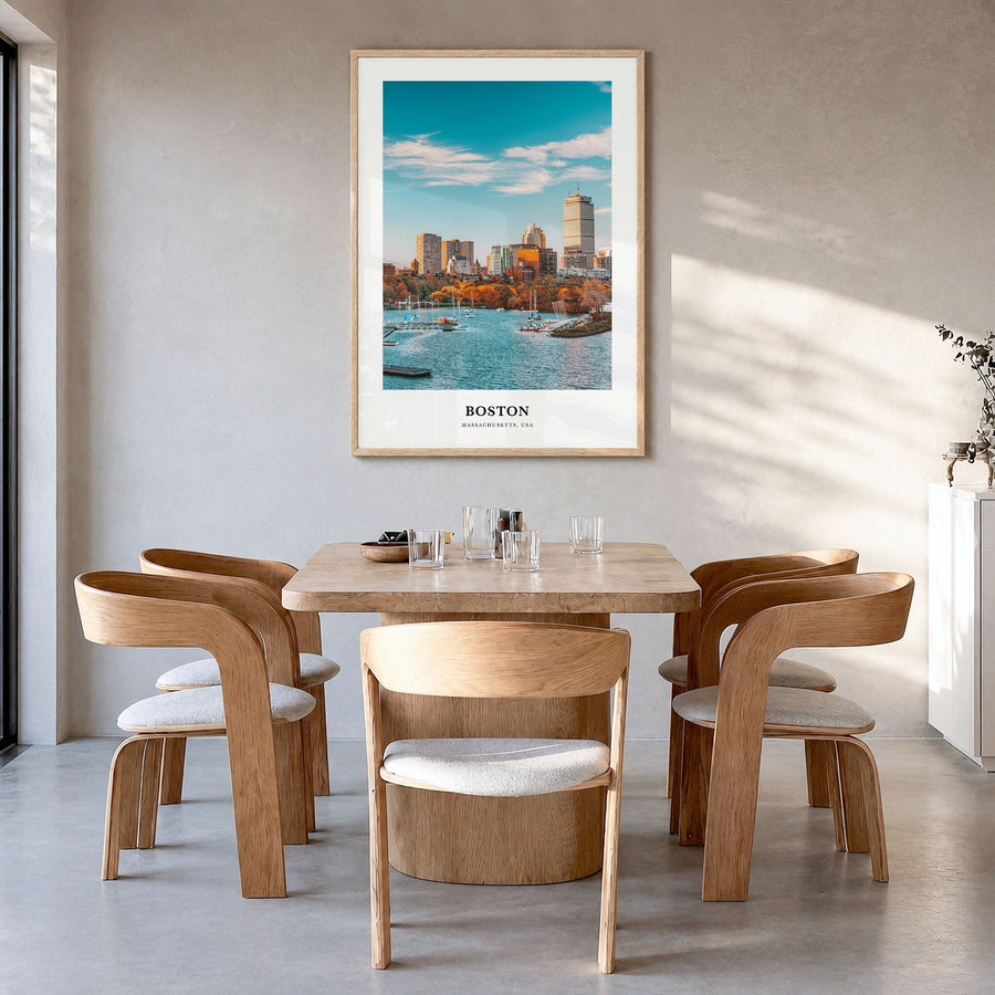 Boston Classic No 3 Poster in a natural wood frame, hanging in a dining room